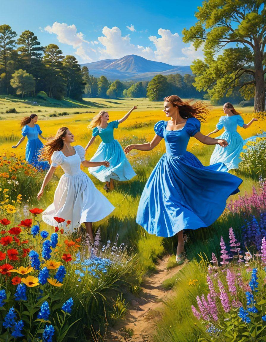 A serene landscape with a bright sun shining over a blooming meadow filled with colorful wildflowers, where a diverse group of people are joyfully engaging in activities like dancing, painting, and laughing together. A gentle breeze sweeps through, creating a sense of harmony and bliss. In the background, a clear blue sky enhances the cheerful scene, symbolizing positivity and hope. vibrant colors. super-realistic.