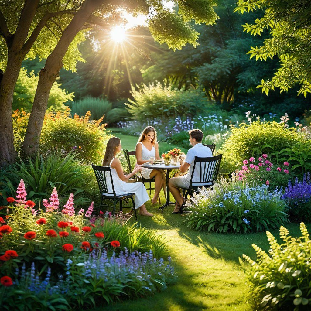A serene landscape depicting a peaceful garden filled with blooming flowers and vibrant greenery, where a diverse group of people engage in joyful activities, radiating happiness and positivity. Soft golden sunlight filters through the leaves, creating a warm, inviting atmosphere, symbolizing contentment. The scene conveys a sense of harmony and elation. impressionistic style. vibrant colors. soft focus.