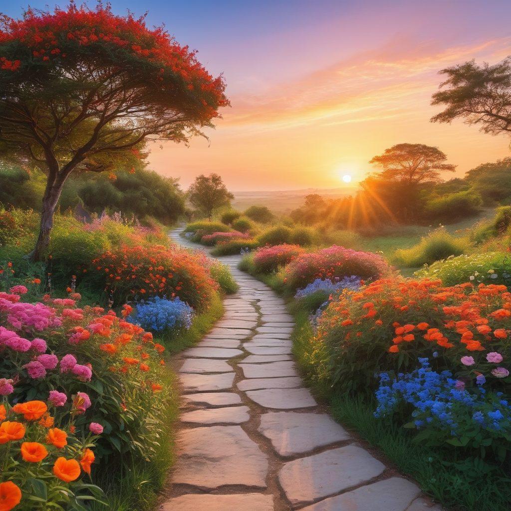 A radiant sunrise over a serene landscape with blooming flowers, symbolizing joy and happiness. Include a winding path leading through lush greenery, with cheerful people engaging in joyful activities like laughing and playing. Incorporate soft, warm colors to evoke a feeling of bliss and contentment. surreal style. vibrant colors. soft focus.